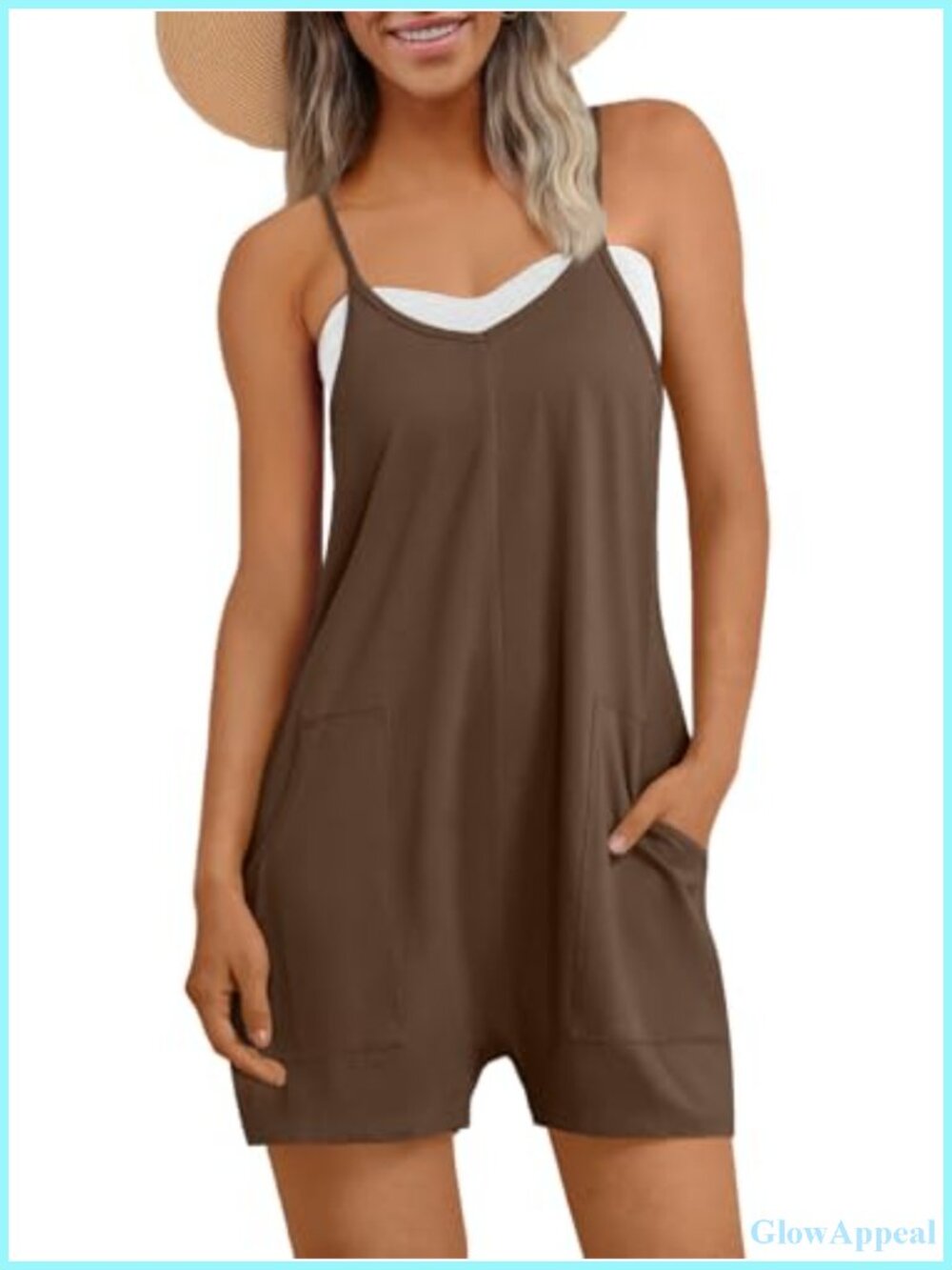 Women's Cotton Spandex Romper Jumpsuit with Pockets Sleeveless V-Neck Summer